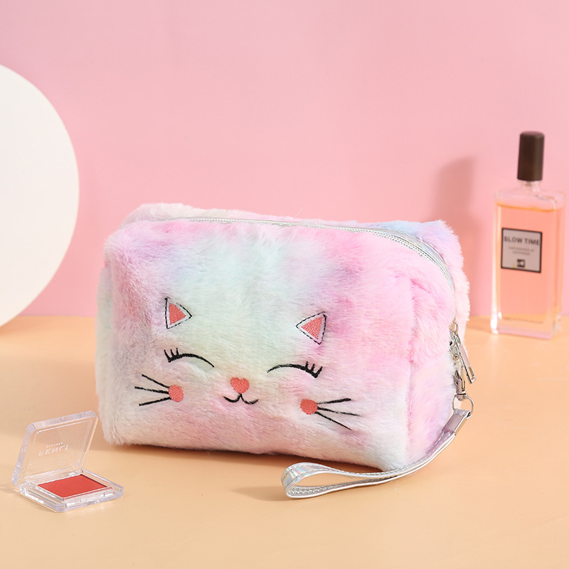Cartoon Plush Wash Bag Storage Bag Small Square Bag Korean Colorful Plush Cat Cosmetic Bag Soft and Adorable Zipper Bag