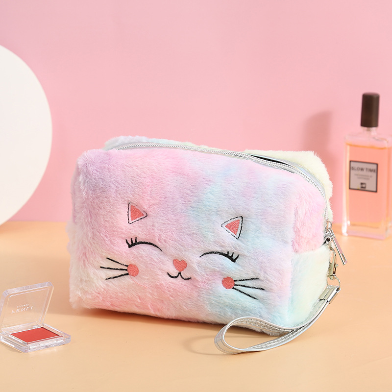 Cartoon Plush Wash Bag Storage Bag Small Square Bag Korean Colorful Plush Cat Cosmetic Bag Soft and Adorable Zipper Bag