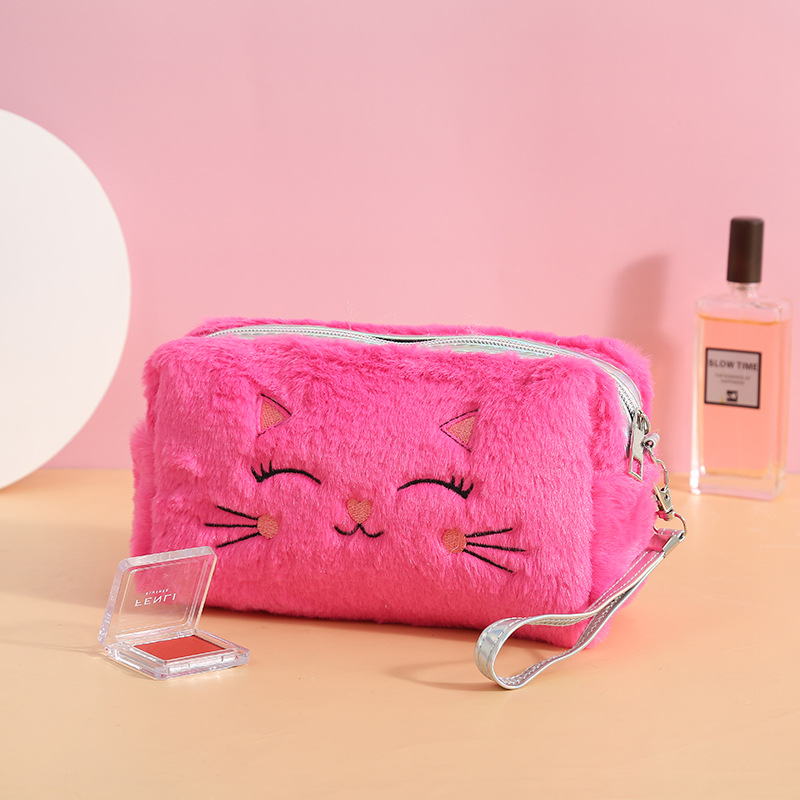 Cartoon Plush Wash Bag Storage Bag Small Square Bag Korean Colorful Plush Cat Cosmetic Bag Soft and Adorable Zipper Bag
