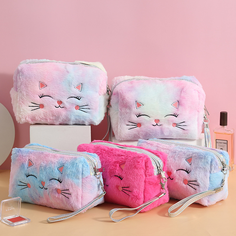 Cartoon Plush Wash Bag Storage Bag Small Square Bag Korean Colorful Plush Cat Cosmetic Bag Soft and Adorable Zipper Bag