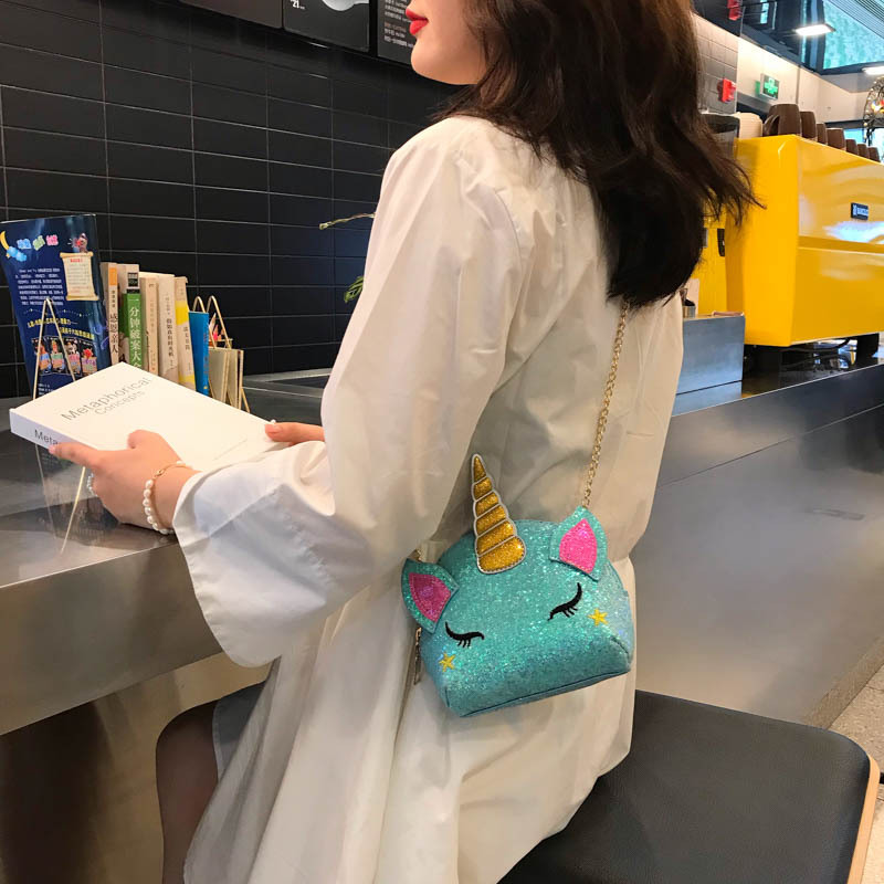 Cute Girl Chain Crossbody Bag New Cartoon Unicorn Chain Women&#039;s Bag Shoulder Bag Laser Women&#039;s Cosmetic Bag