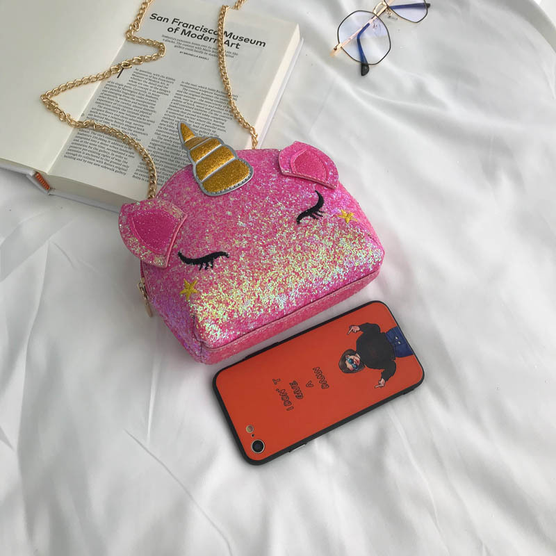 Cute Girl Chain Crossbody Bag New Cartoon Unicorn Chain Women&#039;s Bag Shoulder Bag Laser Women&#039;s Cosmetic Bag