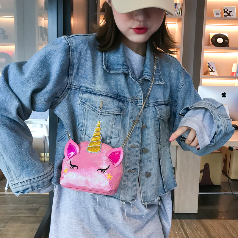 Cute Girl Chain Crossbody Bag New Cartoon Unicorn Chain Women's Bag Shoulder Bag Laser Women's Cosmetic Bag