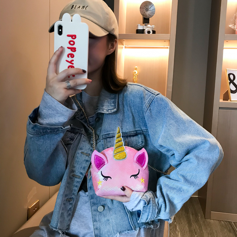 Cute Girl Chain Crossbody Bag New Cartoon Unicorn Chain Women's Bag Shoulder Bag Laser Women's Cosmetic Bag