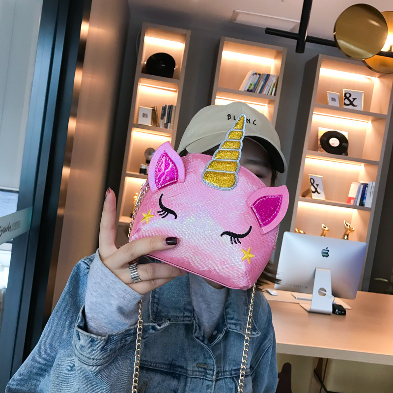 Cute Girl Chain Crossbody Bag New Cartoon Unicorn Chain Women's Bag Shoulder Bag Laser Women's Cosmetic Bag