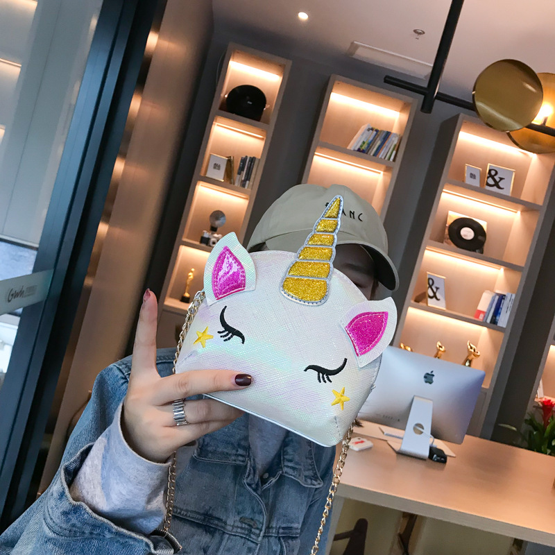 Cute Girl Chain Crossbody Bag New Cartoon Unicorn Chain Women's Bag Shoulder Bag Laser Women's Cosmetic Bag