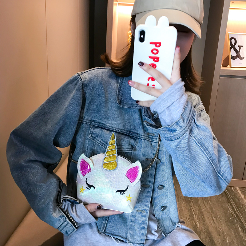 Cute Girl Chain Crossbody Bag New Cartoon Unicorn Chain Women's Bag Shoulder Bag Laser Women's Cosmetic Bag