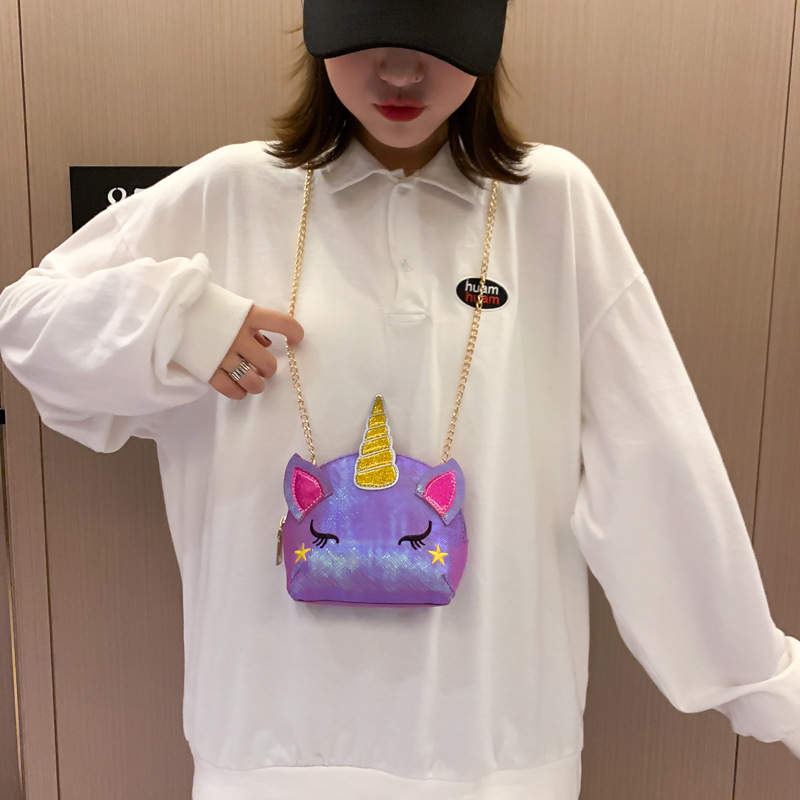 Cute Girl Chain Crossbody Bag New Cartoon Unicorn Chain Women's Bag Shoulder Bag Laser Women's Cosmetic Bag