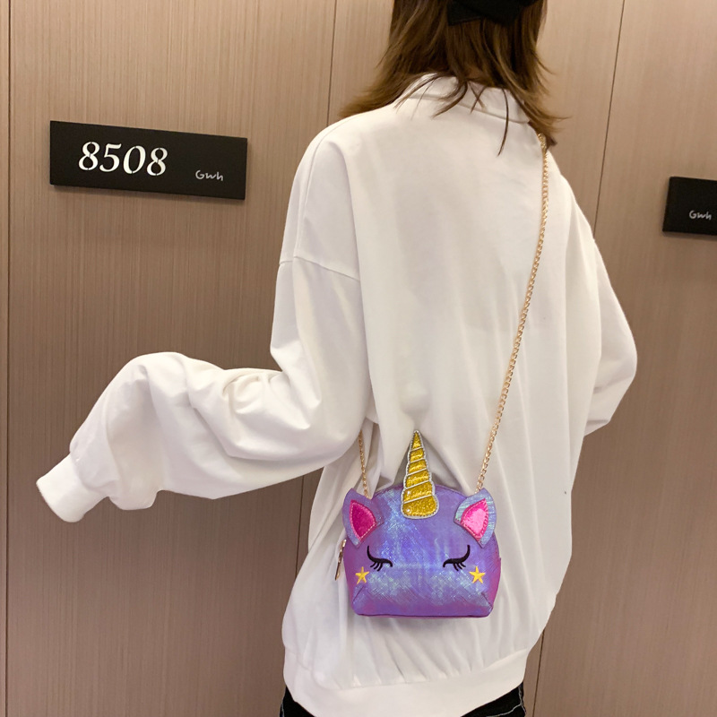 Cute Girl Chain Crossbody Bag New Cartoon Unicorn Chain Women's Bag Shoulder Bag Laser Women's Cosmetic Bag