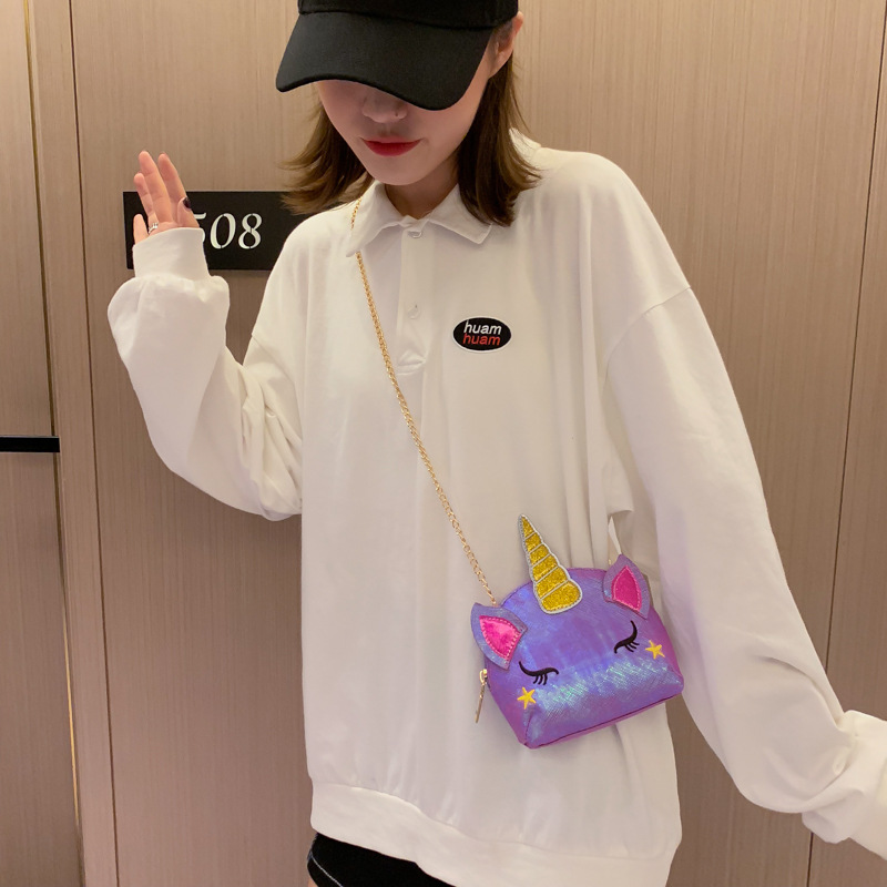 Cute Girl Chain Crossbody Bag New Cartoon Unicorn Chain Women's Bag Shoulder Bag Laser Women's Cosmetic Bag