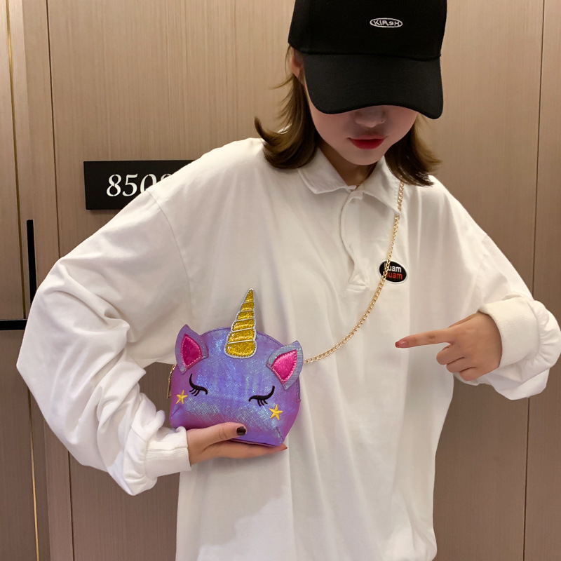 Cute Girl Chain Crossbody Bag New Cartoon Unicorn Chain Women's Bag Shoulder Bag Laser Women's Cosmetic Bag
