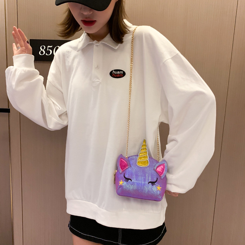 Cute Girl Chain Crossbody Bag New Cartoon Unicorn Chain Women's Bag Shoulder Bag Laser Women's Cosmetic Bag