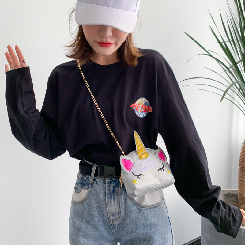 Cute Girl Chain Crossbody Bag New Cartoon Unicorn Chain Women's Bag Shoulder Bag Laser Women's Cosmetic Bag