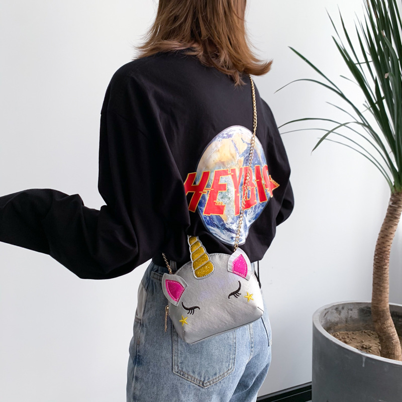 Cute Girl Chain Crossbody Bag New Cartoon Unicorn Chain Women's Bag Shoulder Bag Laser Women's Cosmetic Bag