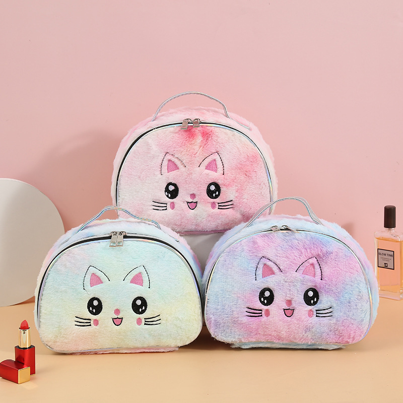 Cartoon Cat Cute Plush Cosmetic Bag Student Handbag Zipper Storage Bag Large Capacity Autumn and Winter Wash Bag