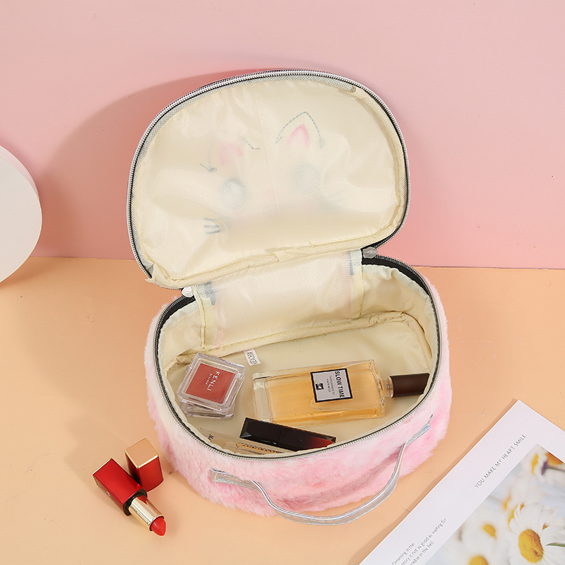 Cartoon Cat Cute Plush Cosmetic Bag Student Handbag Zipper Storage Bag Large Capacity Autumn and Winter Wash Bag