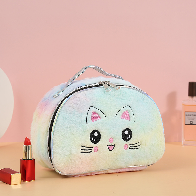 Cartoon Cat Cute Plush Cosmetic Bag Student Handbag Zipper Storage Bag Large Capacity Autumn and Winter Wash Bag
