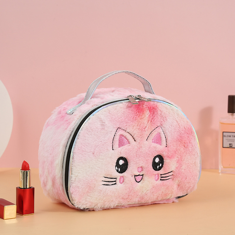 Cartoon Cat Cute Plush Cosmetic Bag Student Handbag Zipper Storage Bag Large Capacity Autumn and Winter Wash Bag
