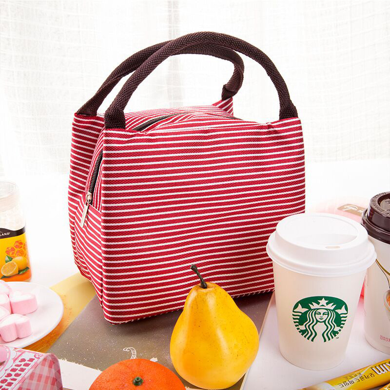 Large Striped Insulated Bag Portable Lunch Bag Oxford Cloth Insulated Lunch Box Bag Ice Pack Hand Carry Heat Preservation Bag Fresh-Keeping Bag