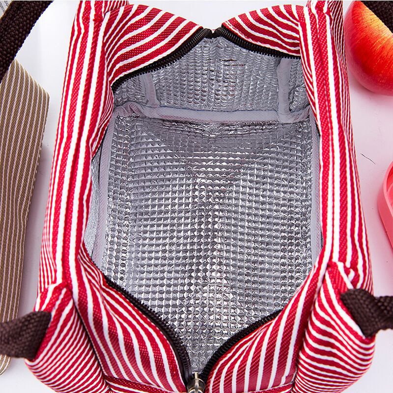 Large Striped Insulated Bag Portable Lunch Bag Oxford Cloth Insulated Lunch Box Bag Ice Pack Hand Carry Heat Preservation Bag Fresh-Keeping Bag