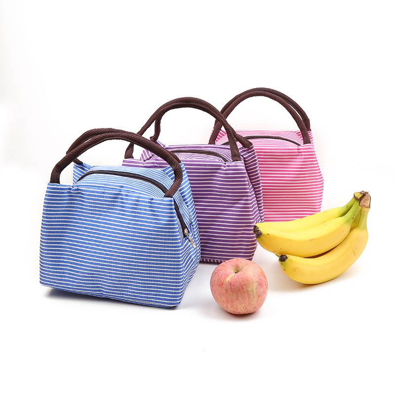 Large Striped Insulated Bag Portable Lunch Bag Oxford Cloth Insulated Lunch Box Bag Ice Pack Hand Carry Heat Preservation Bag Fresh-Keeping Bag