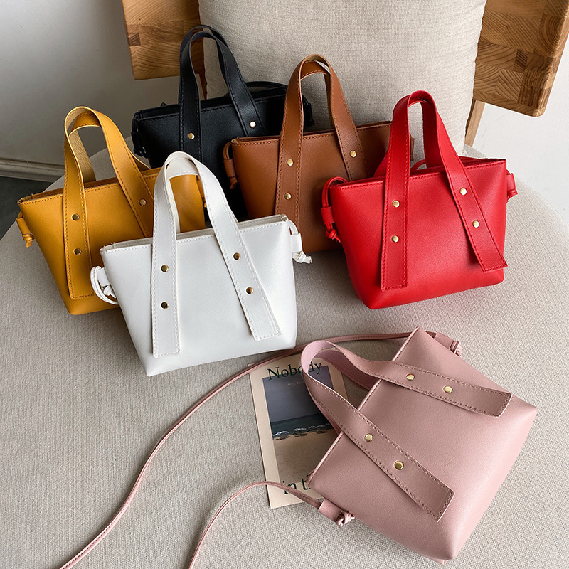 Handbags 2020 Summer Autumn New Style Korean Style Rivet Solid Color Portable Pu Bucket Bag Shoulder Crossbody Small Bag