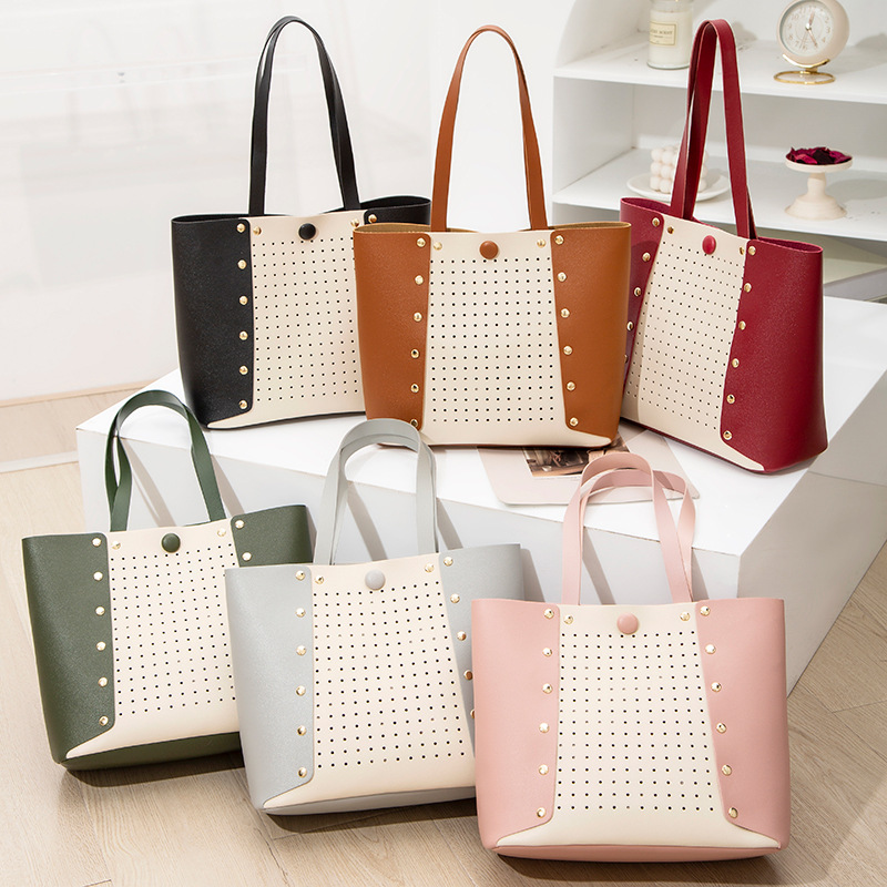 Hollow Contrast Color Handbag Bucket Bag Casual Student Simple School Bag Shopping Bag