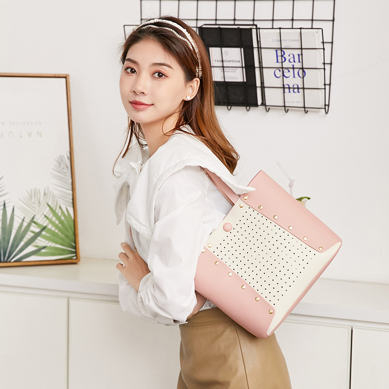 Hollow Contrast Color Handbag Bucket Bag Casual Student Simple School Bag Shopping Bag