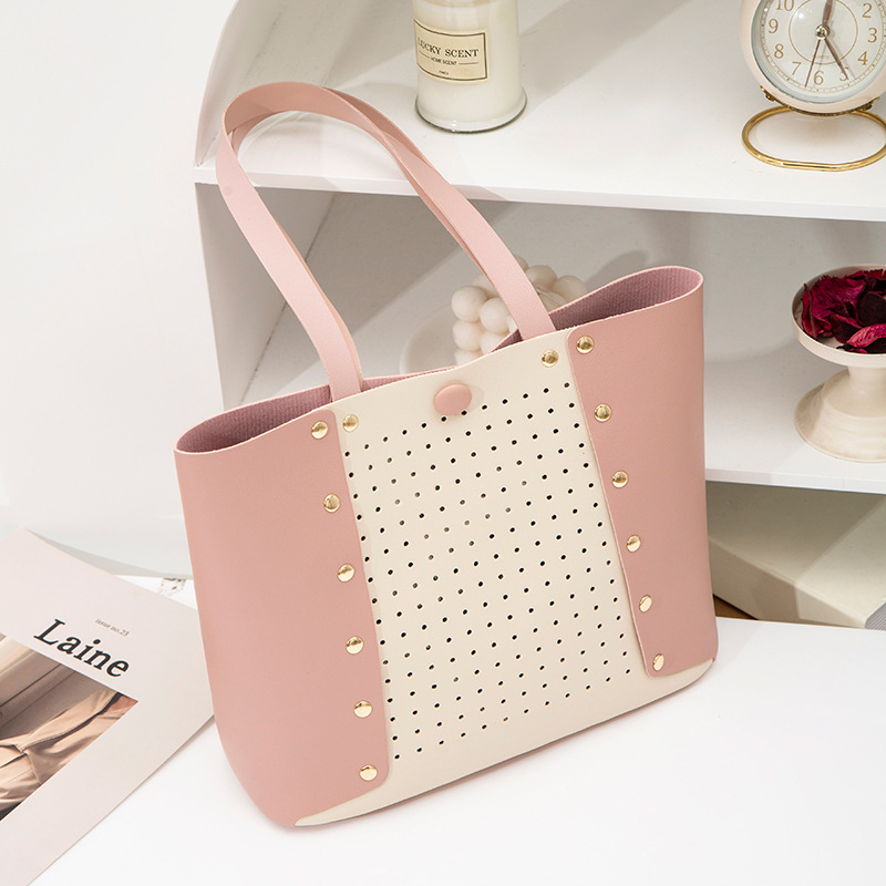 Hollow Contrast Color Handbag Bucket Bag Casual Student Simple School Bag Shopping Bag