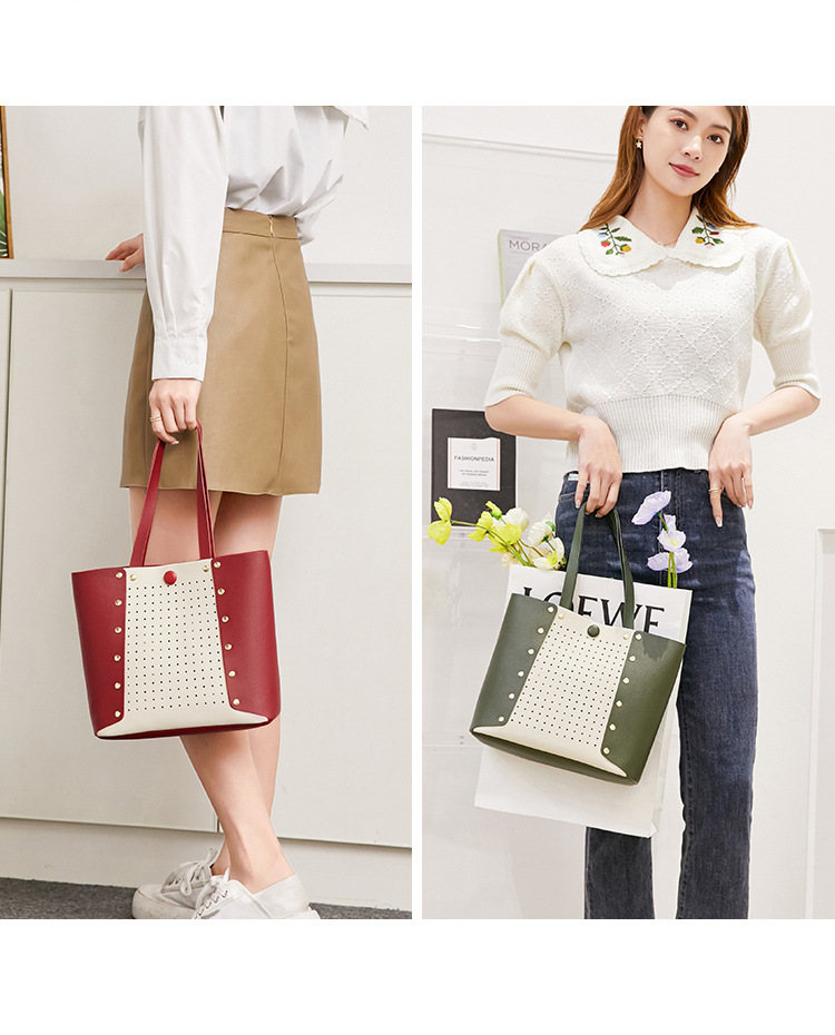Hollow Contrast Color Handbag Bucket Bag Casual Student Simple School Bag Shopping Bag Hollow Contrast Color Handbag Bucket Bag Casual Student Simple School Bag Shopping Bag