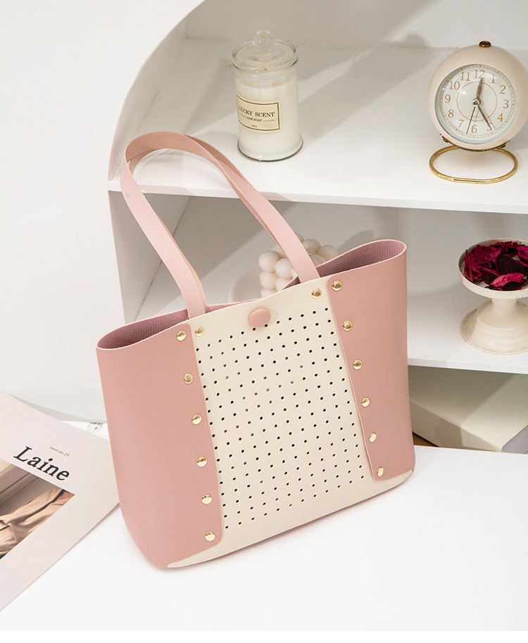 Hollow Contrast Color Handbag Bucket Bag Casual Student Simple School Bag Shopping Bag Hollow Contrast Color Handbag Bucket Bag Casual Student Simple School Bag Shopping Bag