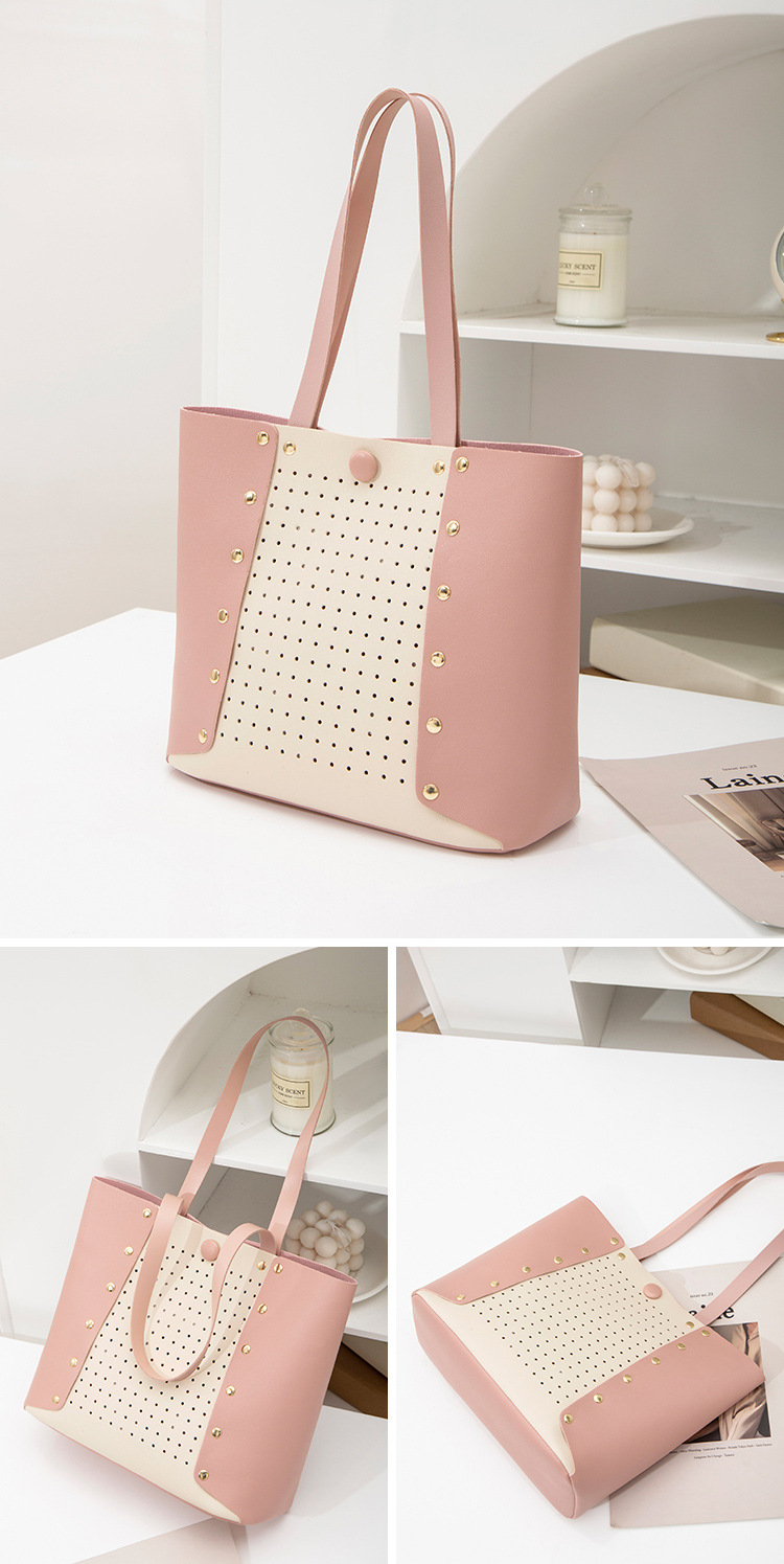 Hollow Contrast Color Handbag Bucket Bag Casual Student Simple School Bag Shopping Bag Hollow Contrast Color Handbag Bucket Bag Casual Student Simple School Bag Shopping Bag