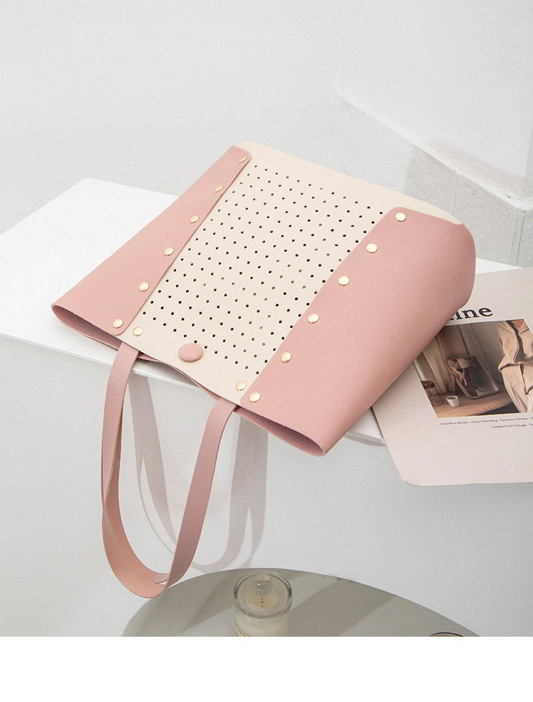 Hollow Contrast Color Handbag Bucket Bag Casual Student Simple School Bag Shopping Bag Hollow Contrast Color Handbag Bucket Bag Casual Student Simple School Bag Shopping Bag