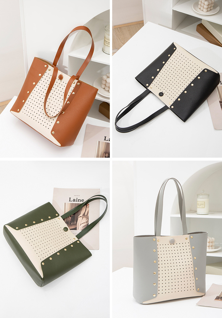 Hollow Contrast Color Handbag Bucket Bag Casual Student Simple School Bag Shopping Bag Hollow Contrast Color Handbag Bucket Bag Casual Student Simple School Bag Shopping Bag