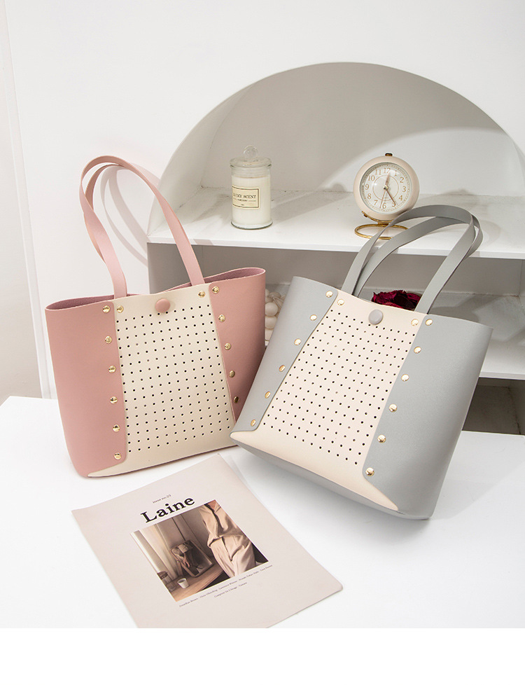 Hollow Contrast Color Handbag Bucket Bag Casual Student Simple School Bag Shopping Bag Hollow Contrast Color Handbag Bucket Bag Casual Student Simple School Bag Shopping Bag