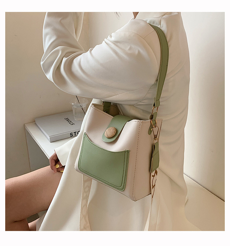 Contrast Color Small Bags Fashion Wide Strap Women's Bag Shoulder Messenger Bag Bucket Bag