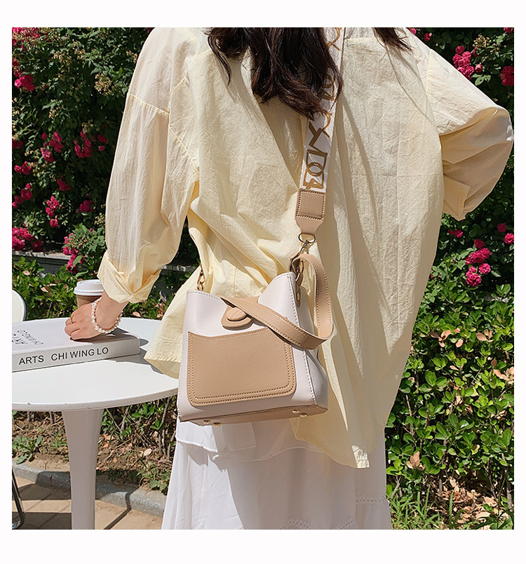 Contrast Color Small Bags Fashion Wide Strap Women's Bag Shoulder Messenger Bag Bucket Bag
