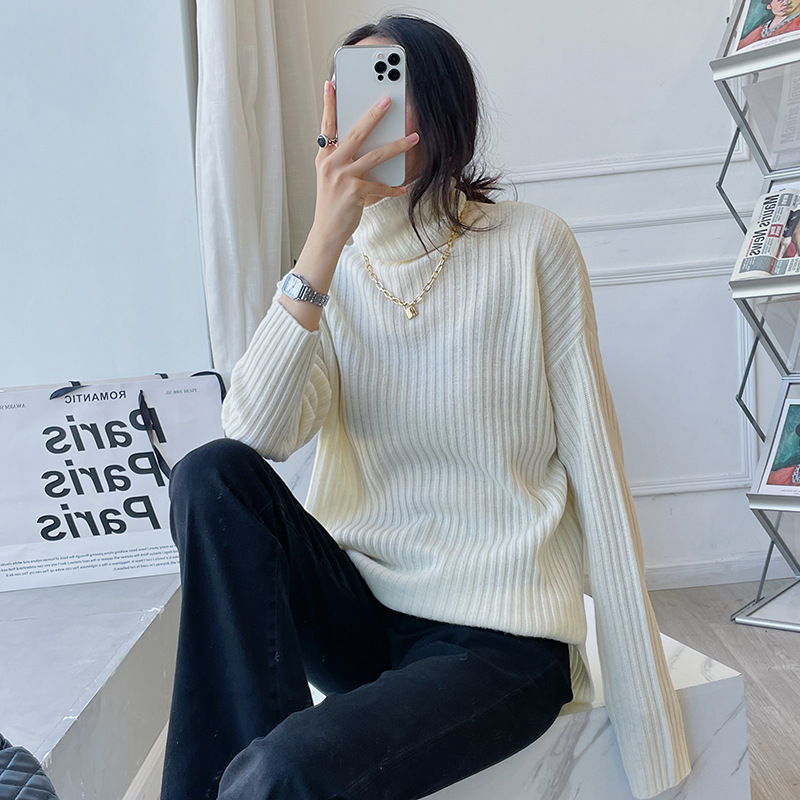 2021 Autumn and Winter New Sweater Women Loose Solid Color Thick Needle Bedford Cord Sweater Pile Collar Thickened Sweater Women
