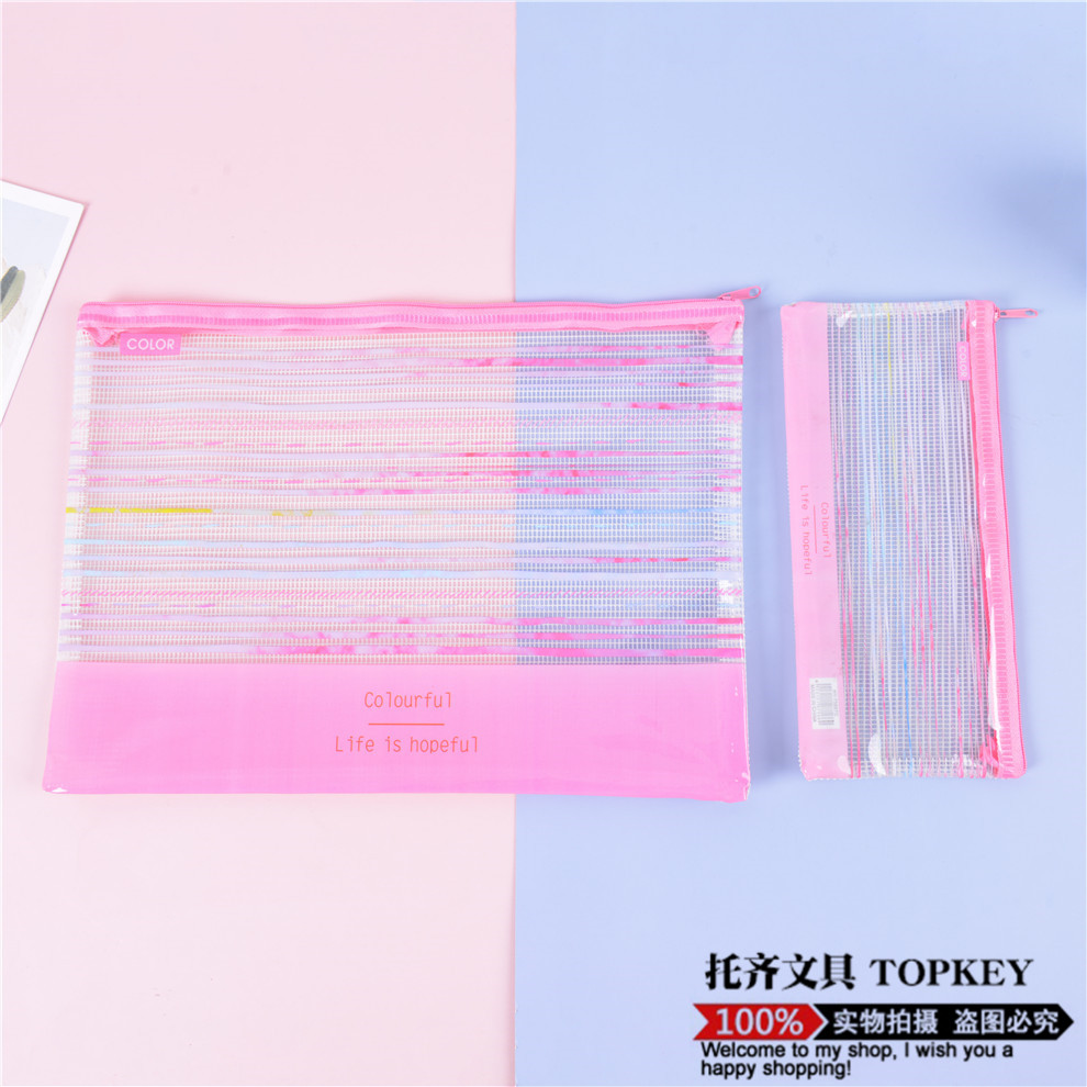 Spot Thickened Waterproof Transparent PVC Mesh Zipper Bag Large Capacity Material Storage Bag Student Document Information Bag
