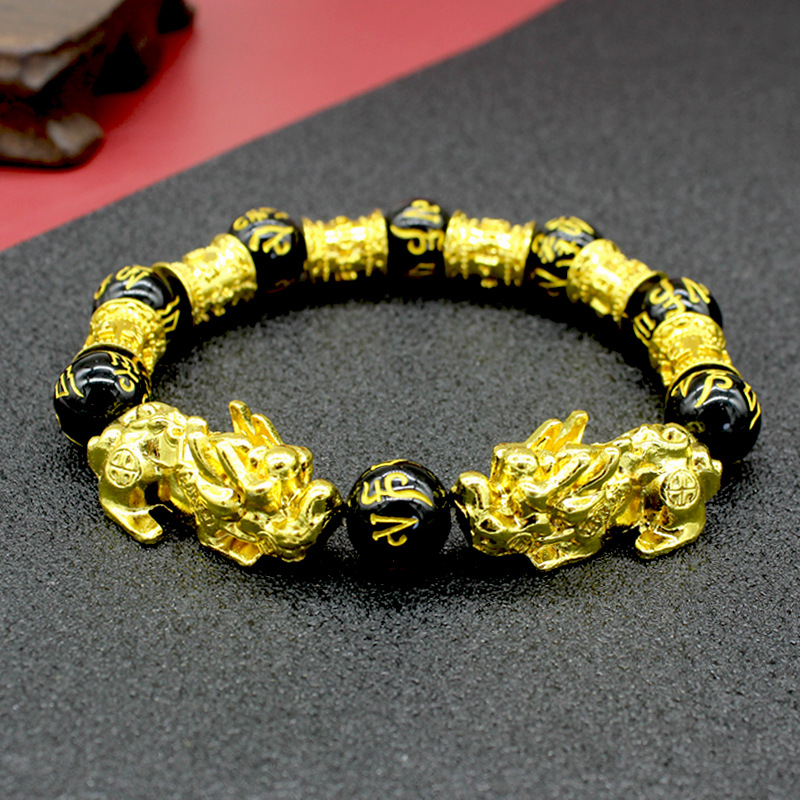 Imitation Obsidian Gilt Pixiu Bracelet Men&#039;s and Women&#039;s Six-Word Proverb Buddha Beads Bracelet Cross-Border Sold Jewelry Factory Wholesale
