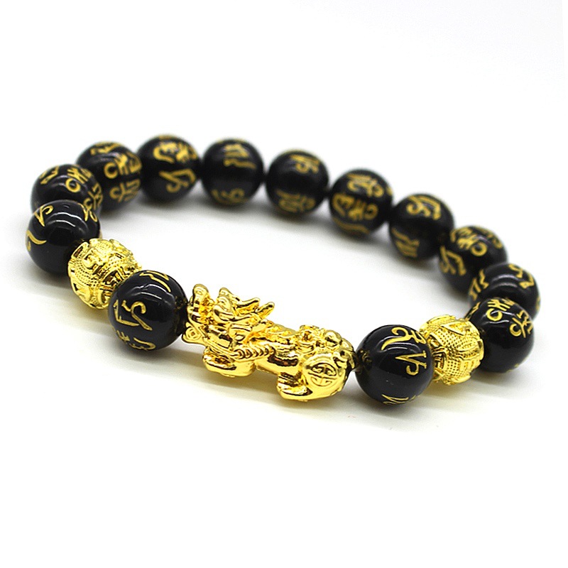Imitation Obsidian Gilt Pixiu Bracelet Men&#039;s and Women&#039;s Six-Word Proverb Buddha Beads Bracelet Cross-Border Sold Jewelry Factory Wholesale