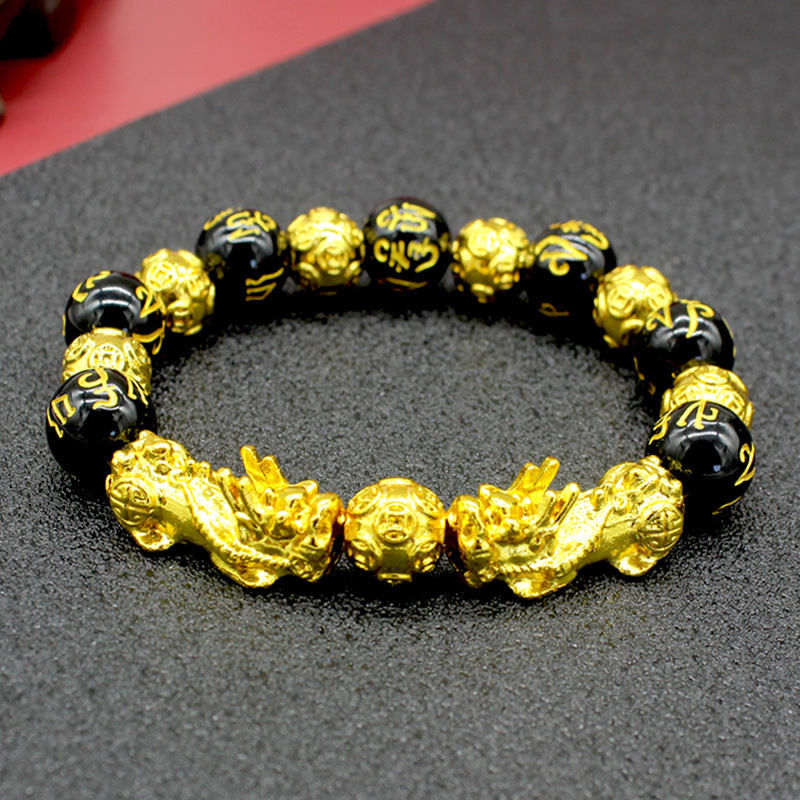 Imitation Obsidian Gilt Pixiu Bracelet Men&#039;s and Women&#039;s Six-Word Proverb Buddha Beads Bracelet Cross-Border Sold Jewelry Factory Wholesale