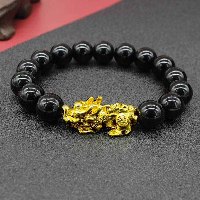 Imitation Obsidian Gilt Pixiu Bracelet Men&#039;s and Women&#039;s Six-Word Proverb Buddha Beads Bracelet Cross-Border Sold Jewelry Factory Wholesale
