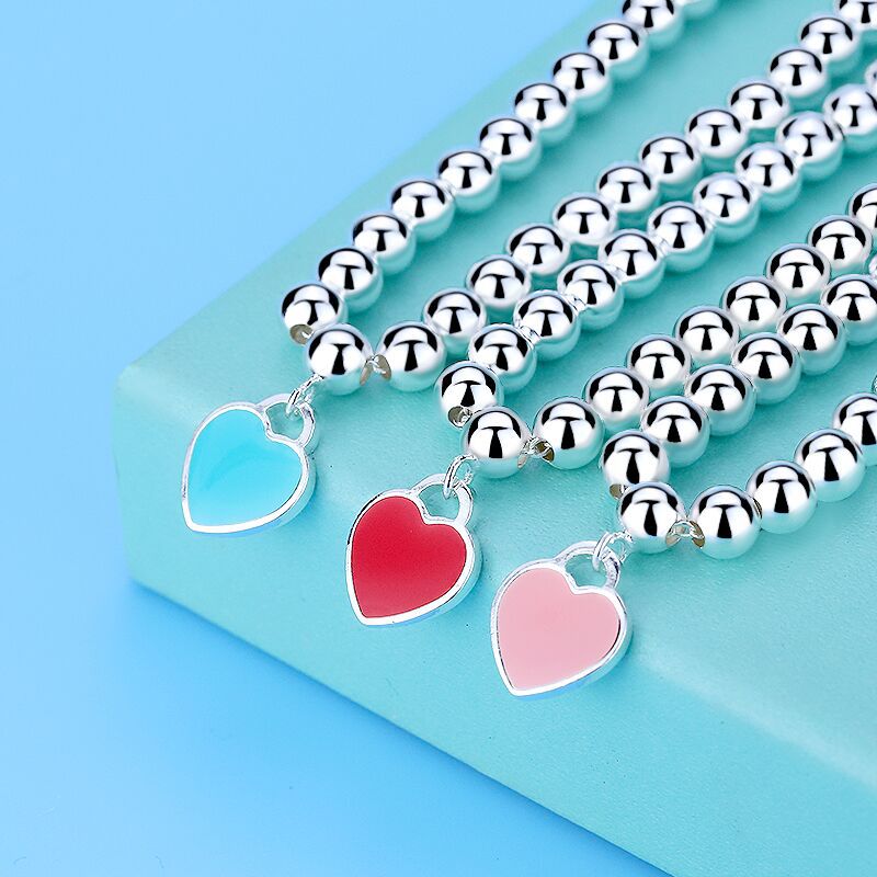 European and American Imitation S925 Sterling Silver round Beads Bracelet String Beads Enamel Peach Heart-Shaped Women&#039;s Silver Accessories Same Buddha Beads Bracelet