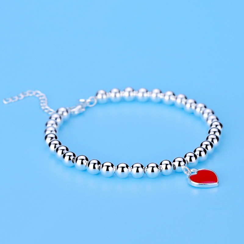 European and American Imitation S925 Sterling Silver round Beads Bracelet String Beads Enamel Peach Heart-Shaped Women&#039;s Silver Accessories Same Buddha Beads Bracelet