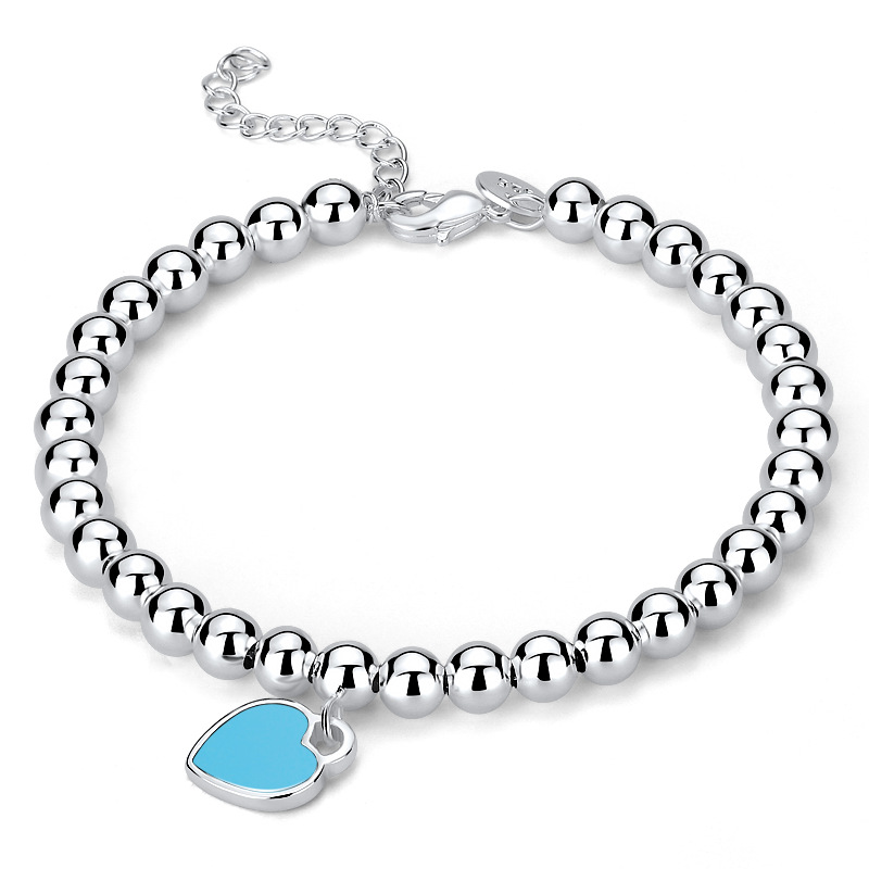 European and American Imitation S925 Sterling Silver round Beads Bracelet String Beads Enamel Peach Heart-Shaped Women&#039;s Silver Accessories Same Buddha Beads Bracelet