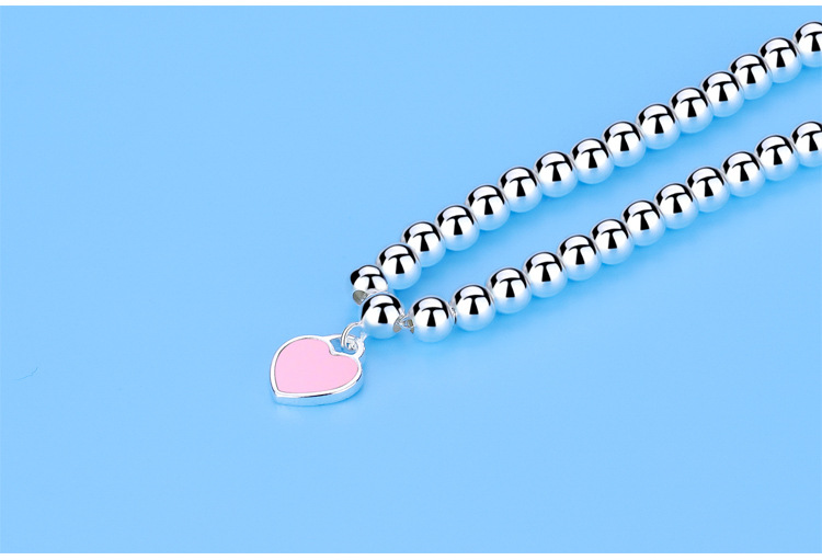 European and American Imitation S925 Sterling Silver round Beads Bracelet String Beads Enamel Peach Heart-Shaped Women's Silver Accessories Same Buddha Beads Bracelet