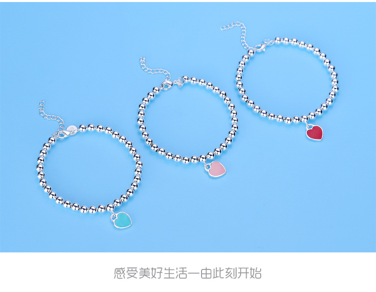 European and American Imitation S925 Sterling Silver round Beads Bracelet String Beads Enamel Peach Heart-Shaped Women's Silver Accessories Same Buddha Beads Bracelet