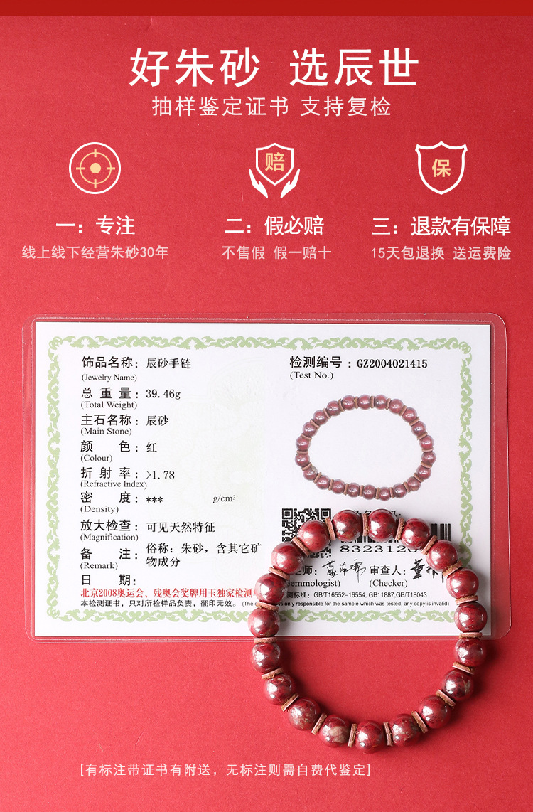 One Piece Dropshipping Chen Shi Cinnabar Raw Ore Bracelet Men and Women's Natal Year Cinnabar Stone round Buddha Beads Red Bracelet