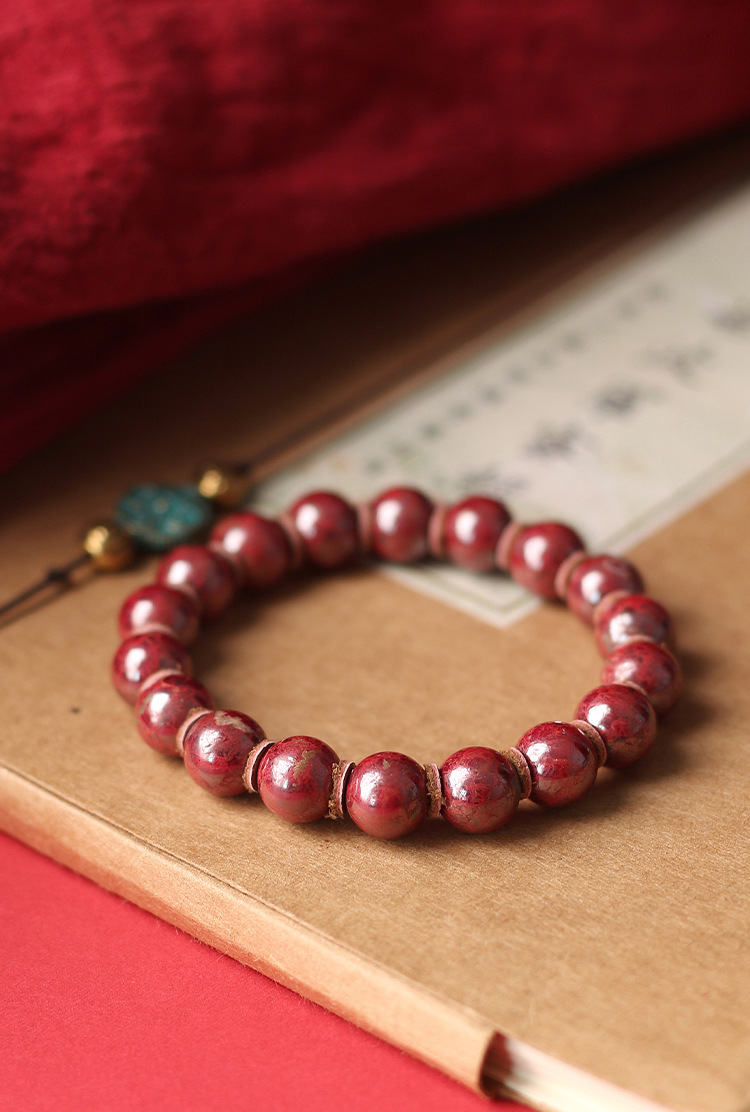One Piece Dropshipping Chen Shi Cinnabar Raw Ore Bracelet Men and Women's Natal Year Cinnabar Stone round Buddha Beads Red Bracelet